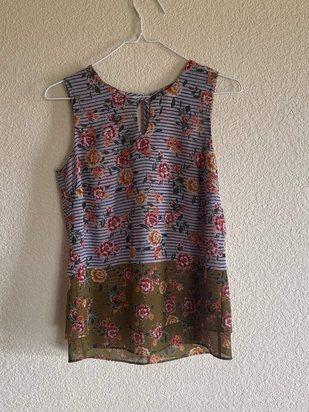 CAbi Floral Stripe Sleeveless Keyhole Top - Blue, Olive, Pink